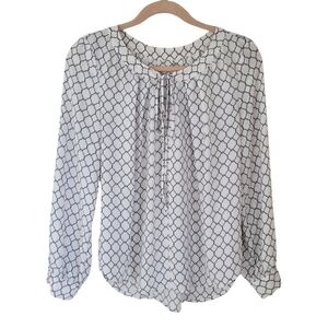 Daniel Rainn Geometric Print Long Sleeve Blouse White & Dark Blue